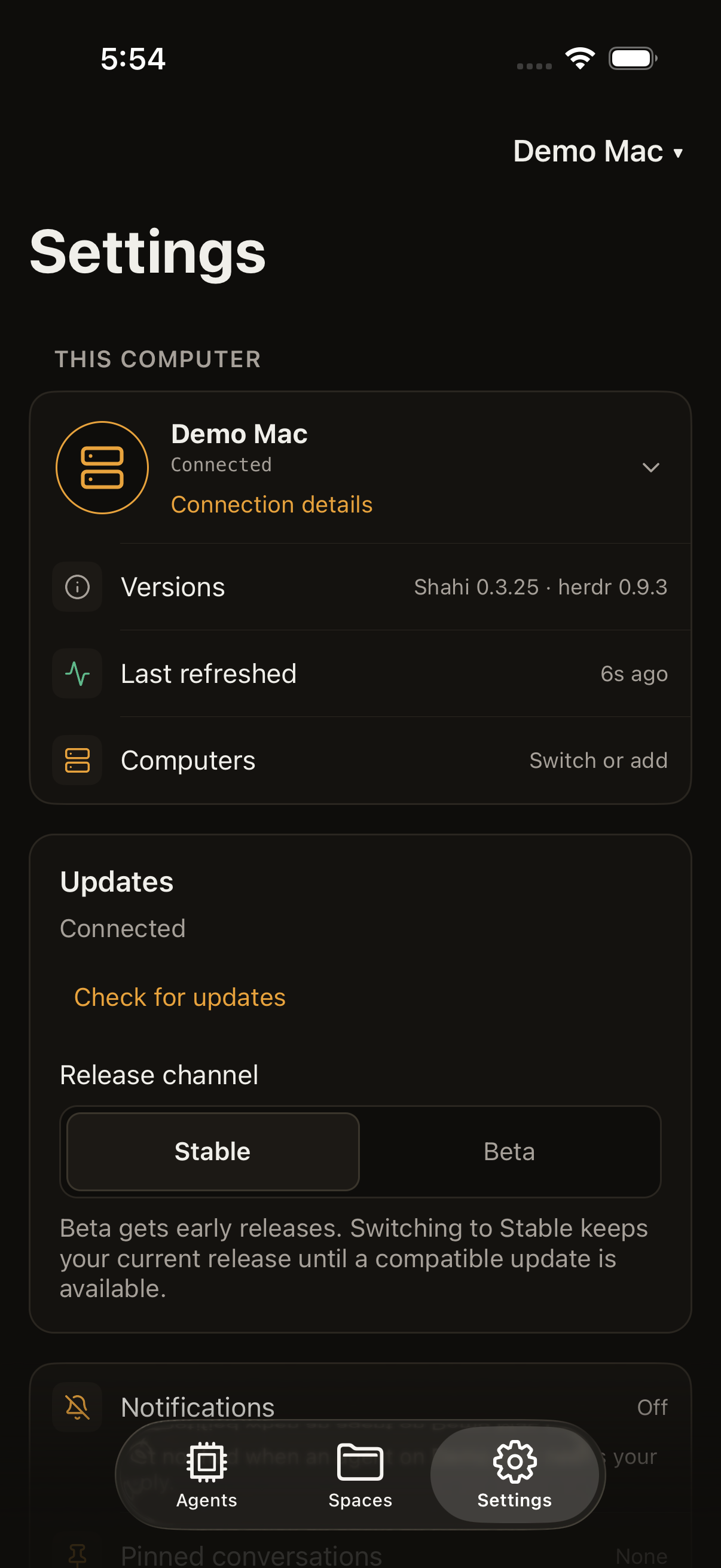 Shahi settings showing Demo Mac connected, with computer versions and connection details.
