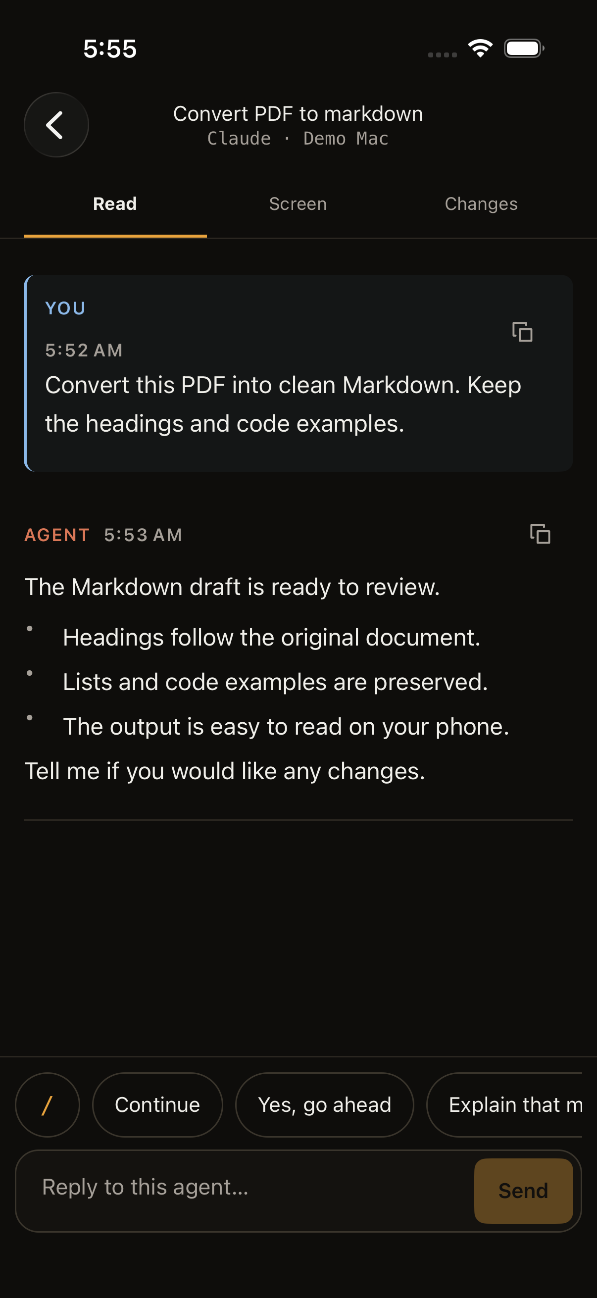 Reader showing an example request to convert a PDF and Claude’s readable Markdown response.