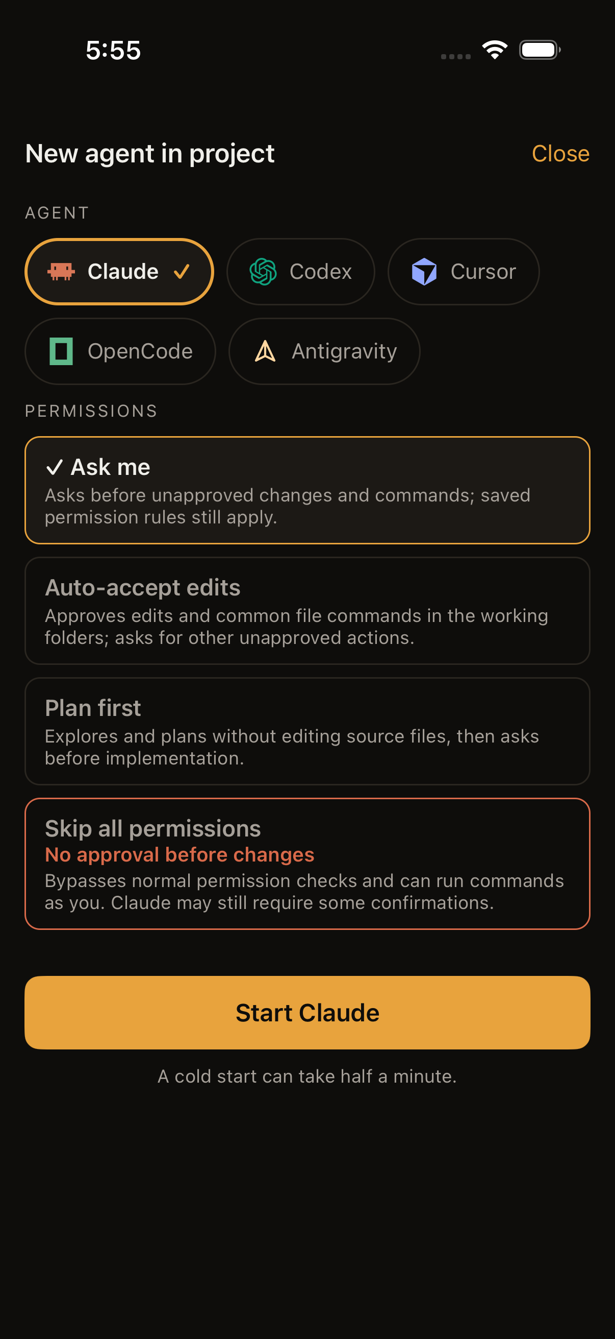New Agent with Claude, Codex, Cursor, OpenCode and Antigravity choices, and Ask me selected for permissions.