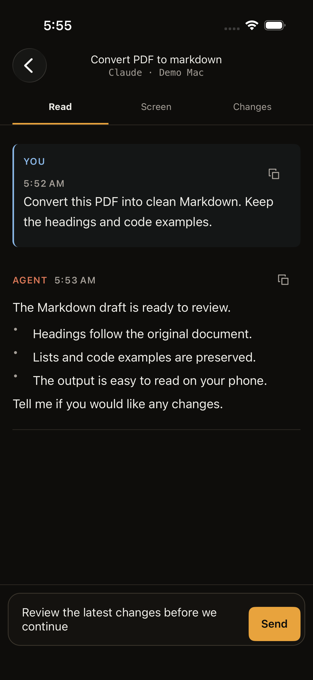 An unsent draft in Shahi’s composer reads: Review the latest changes before we continue. The Send button is beside it.