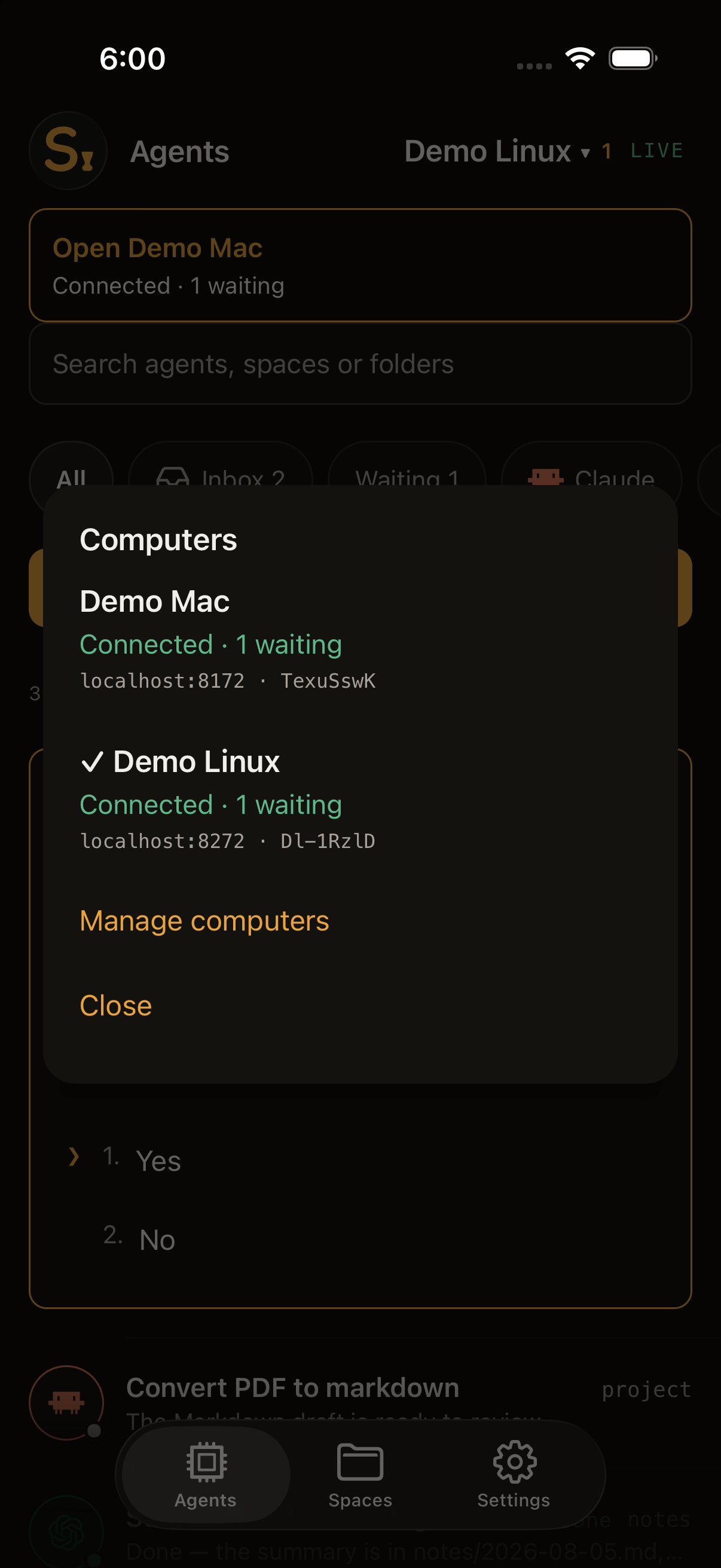 The Computers picker shows Demo Mac and Demo Linux both connected, with Demo Linux selected.