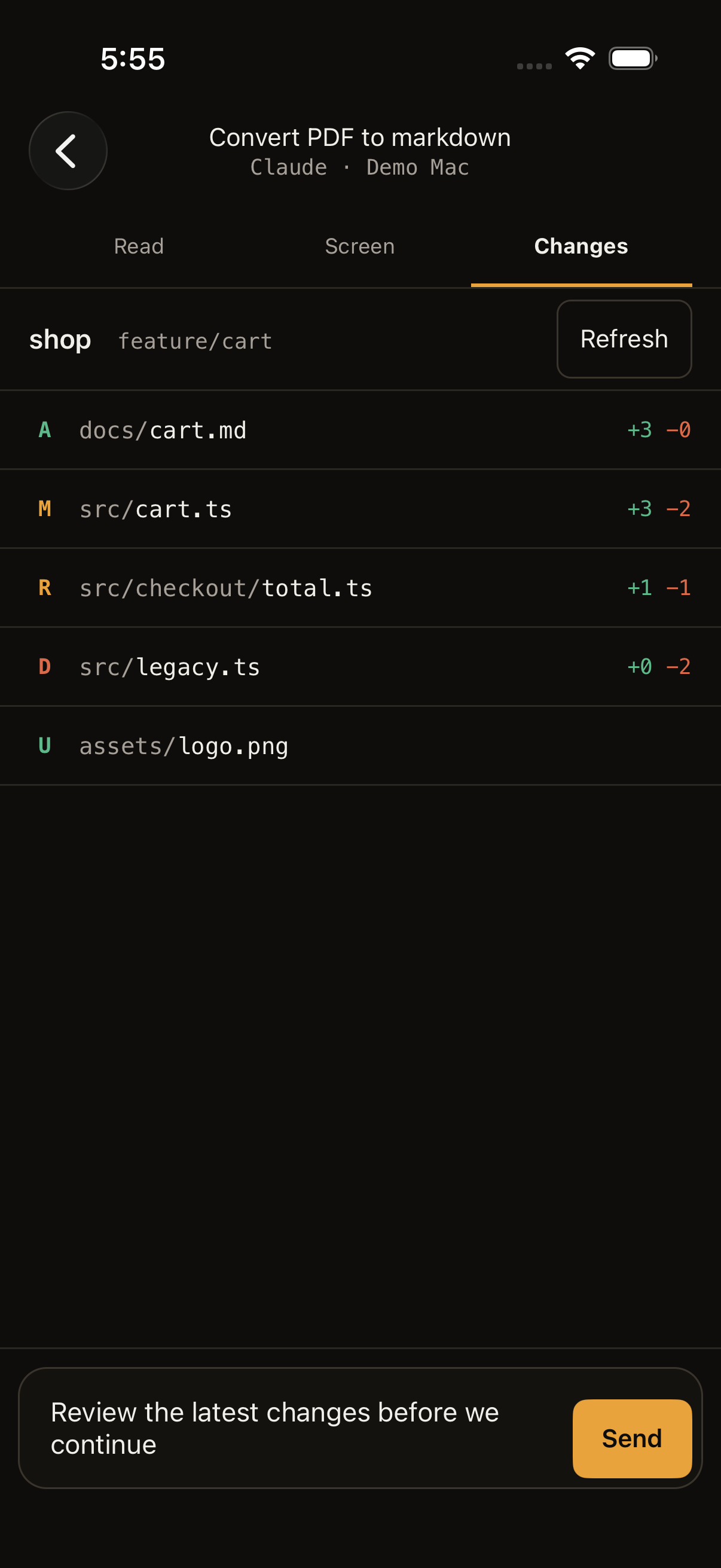 The preview Changes tab lists added, modified, renamed and deleted files in an example shop project, with line counts.