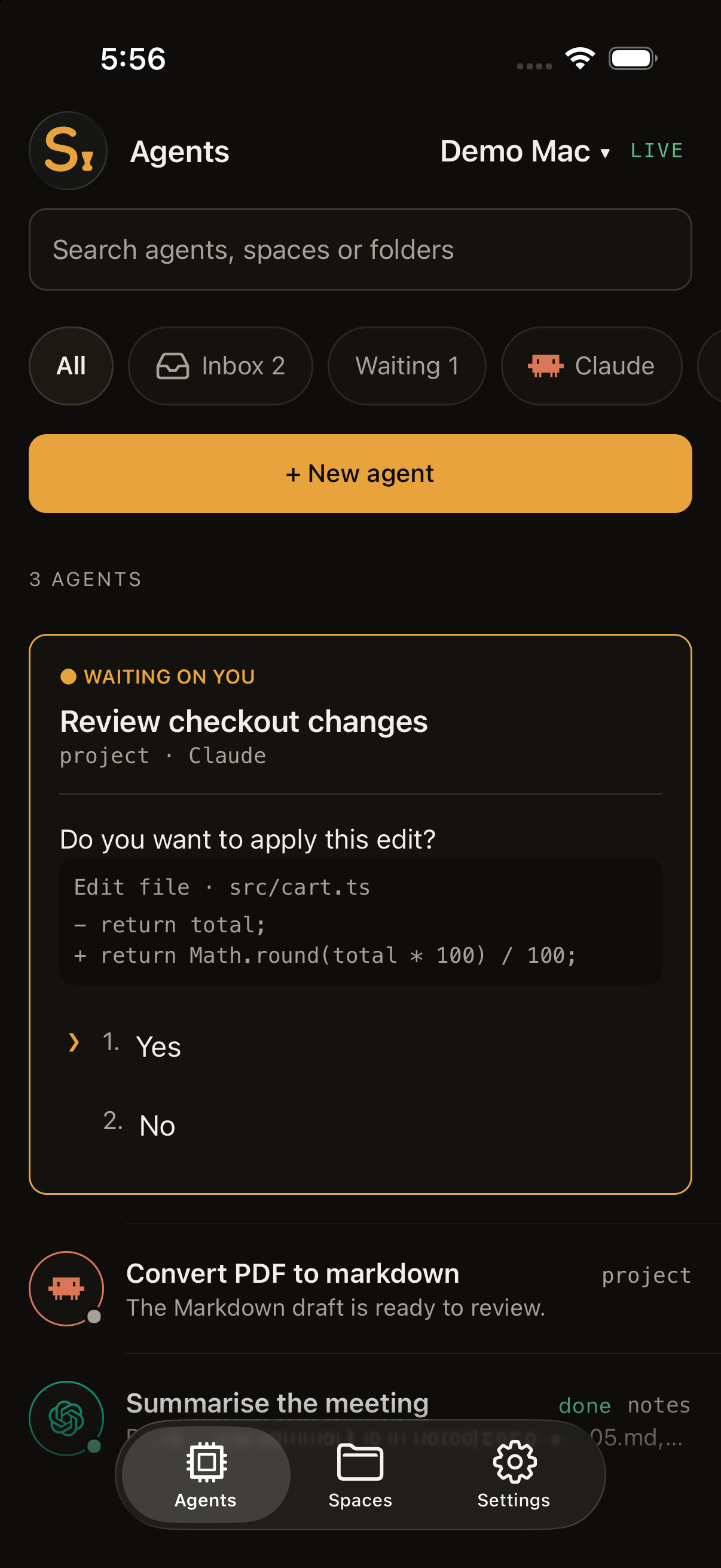 An agent waiting for an answer shows an example edit to src/cart.ts, its question, and Yes and No choices.