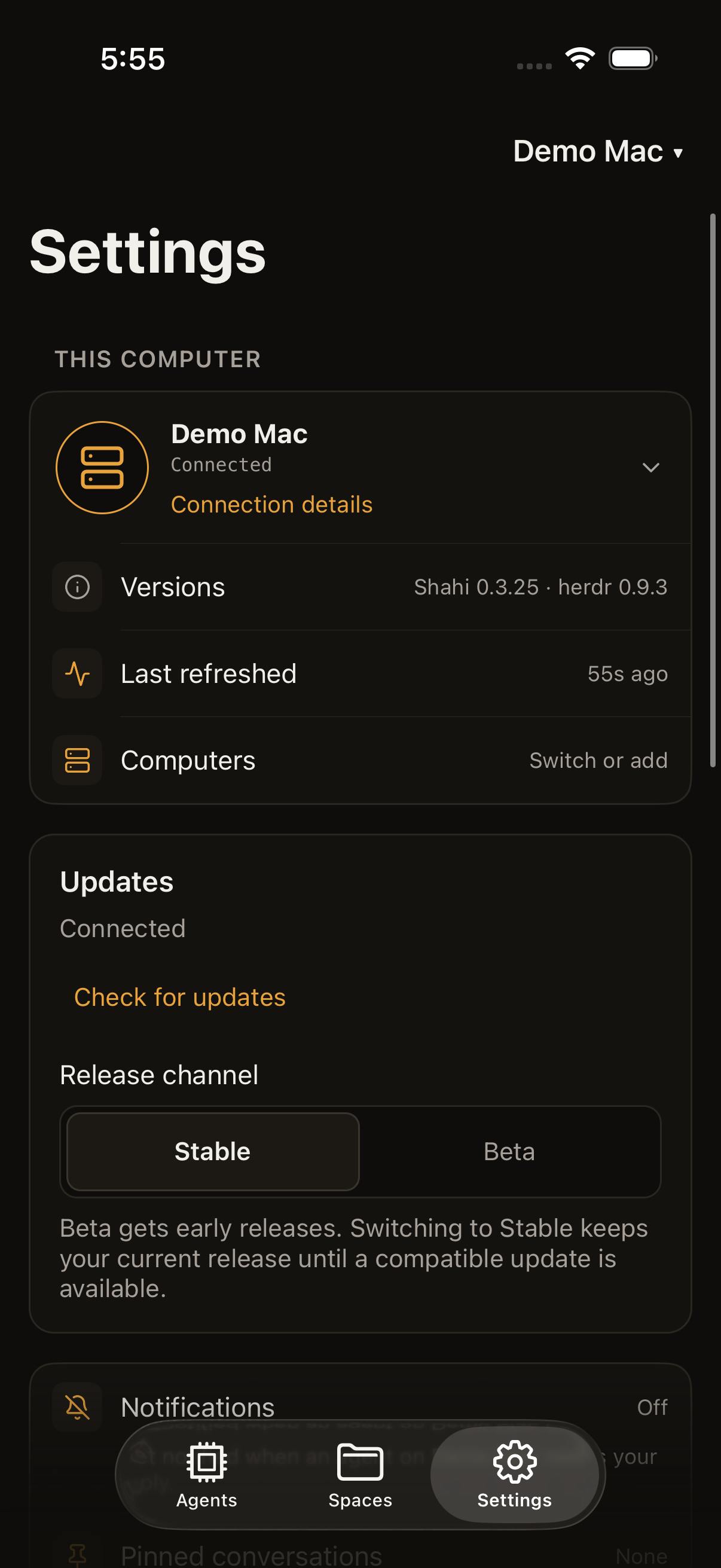 Computer update settings with Stable and Beta release channels. Stable is selected.